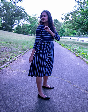 model in striped dress